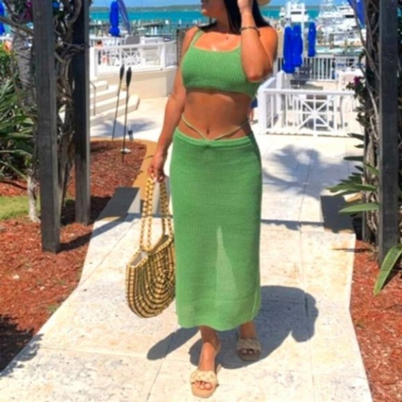 2 piece knit skirt and crop top knit coverup set Green - Picture 6 of 15